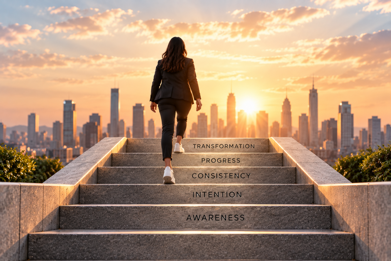 Woman climbing steps representing how to stay consistent during change through awareness, intention, consistency, progress, and transformation.