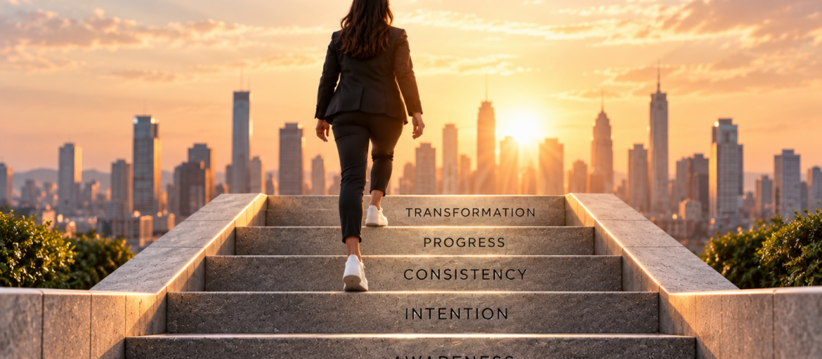 Woman climbing steps representing how to stay consistent during change through awareness, intention, consistency, progress, and transformation.