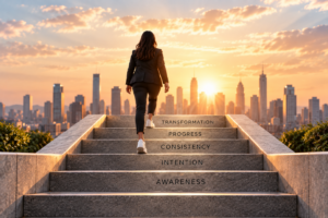 Woman climbing steps representing how to stay consistent during change through awareness, intention, consistency, progress, and transformation.